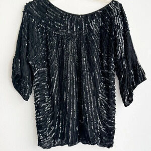 Vintage Frank Usher Black All Over Sequim Sparklie Half Sleeve TopS